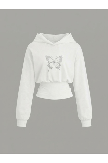 Women's Oversize Crystal Stone Printed Short Hooded Crop Sweatshirt