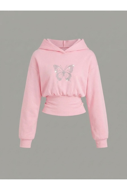 Women's Oversize Crystal Stone Printed Short Hooded Crop Sweatshirt