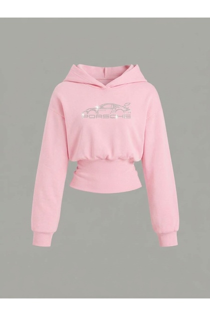 Women's Oversize Crystal Stone Printed Short Hooded Crop Sweatshirt