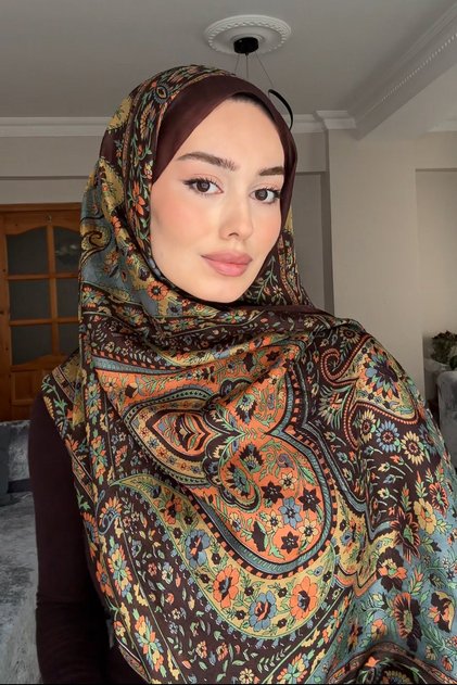 %100 HİNT İPEĞİ ŞAL FLOWERS DESEN KAHVERENGİ