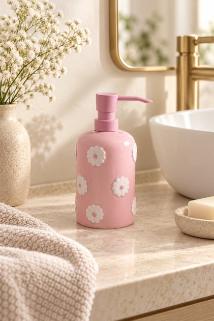Daisy Patterned Pump Liquid Soap Dispenser – Embossed Decorative Bathroom and Kitchen Soap Dispenser – 4 Color Options