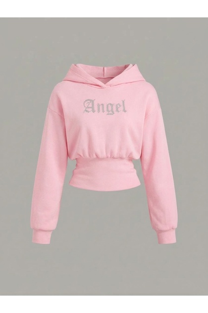 Women's Oversize Crystal Stone Printed Short Hooded Crop Sweatshirt