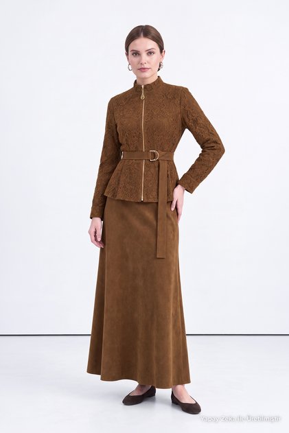 Lace Detailed Belted Stand Collar Camel Suit 2081