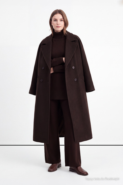 Double-Breasted Collar Pocket Detailed Cashmere Coat Brown Coat 13300
