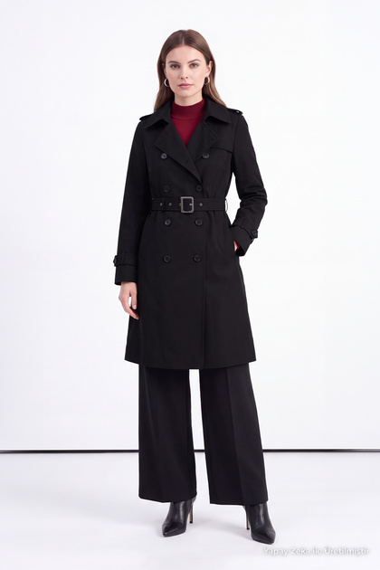 Double-Breasted Black Trench Coat with Buckle Belt 14140