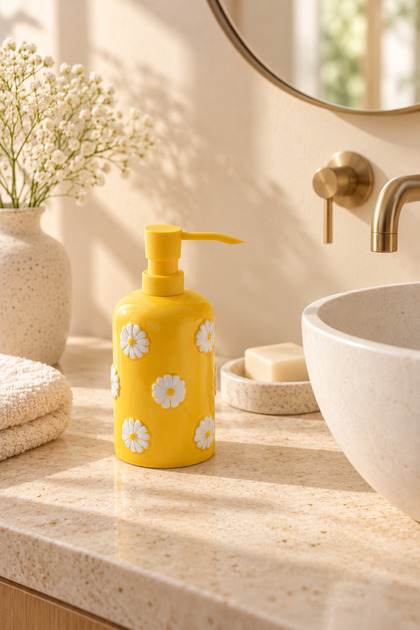 Daisy Patterned Pump Liquid Soap Dispenser – Embossed Decorative Bathroom and Kitchen Soap Dispenser – 4 Color Options