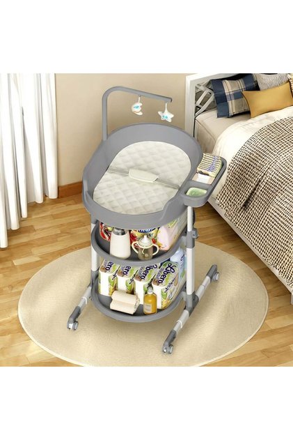 Baby Changing and Nursing Table, Multi-Height Baby Diaper Changing Table with Shelves and Wheels, Gray