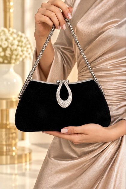 Women's Handbag, Luxury Black Suede Bag, Stylish Bag with Silver Hardware, Clutch Bag, Shoulder Bag