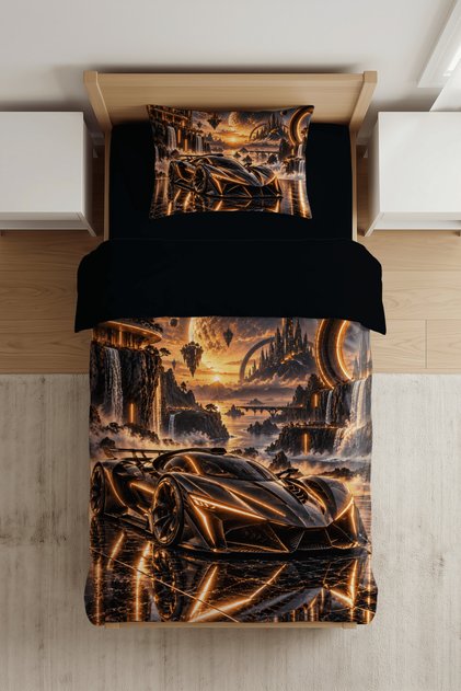 Hypercar Cyber Racing Race Car Patterned Digital Printed Single Boy's Duvet Cover Set - with Sheets