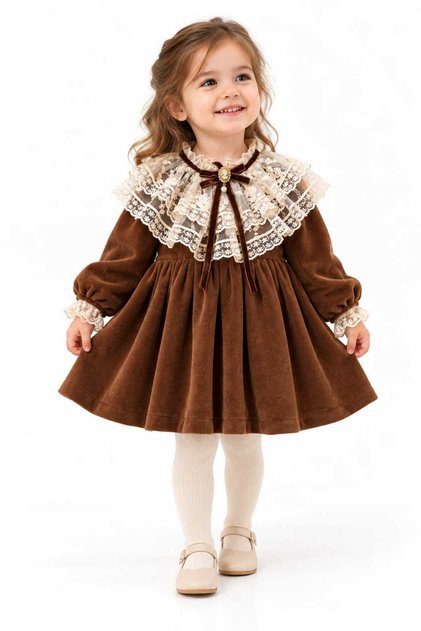 Baby Girl Velvet Dress Burgundy Brown Ecru Lace Collar Bow Vintage Stylish Long Sleeve Special Occasion Dress 9- 24 Months