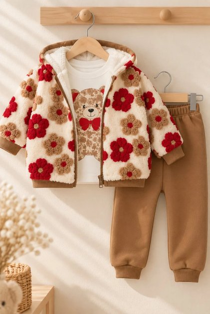 Baby Girl 3-Piece Set Hooded Plush Floral Patterned Cardigan Teddy Bear Printed Long Sleeve Sweatshirt and Matching