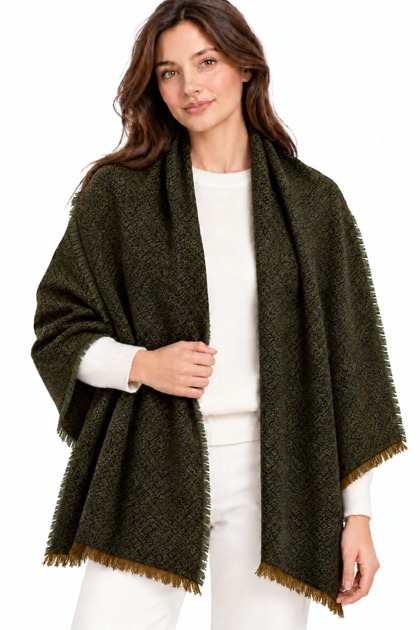 Women's Gray Fine Wool Textured Shawl Scarf Light Shiny Natural Fringed Shoulder Shawl 85X180 cm