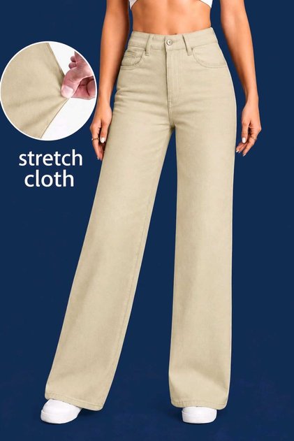 Laura Cream High-Waisted Jeans, Women's Loose Wide-Leg Lycra Palazzo Jeans New Season