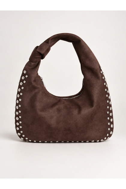 Women's Brown Suede Clutch Bag and Shoulder Bag with Studded Detail and a Zip Detail