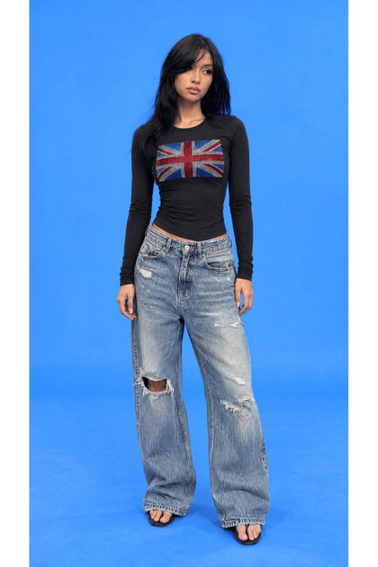 Women's Black England Flag Stone Embroidered Long Sleeve Slim Fit Body