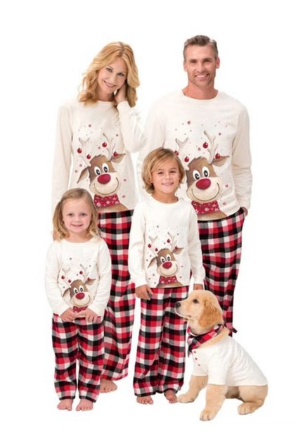 Christmas Family Matching Pajamas Set, Cute Red Nose Reindeer Print Top & Red Black Plaid Pants, Xmas Holiday Loungewear, Ideal for Family Christmas Photo, Christmas Decor Home Sleepwear (Kids)