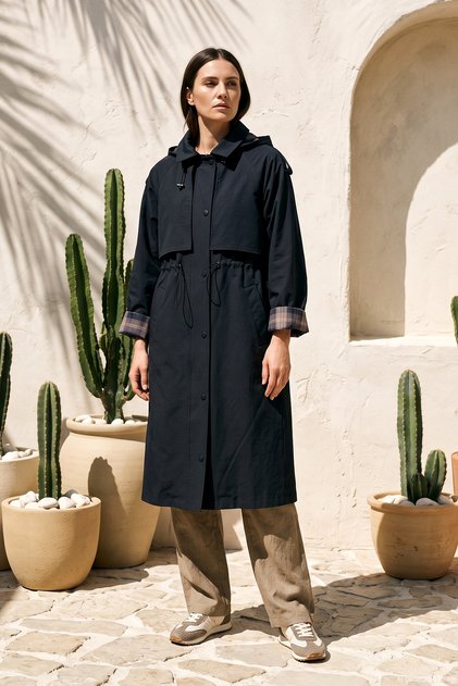 Hooded Trench Coat with Snap Fasteners and Zipper Detail on the Front 6067 Black