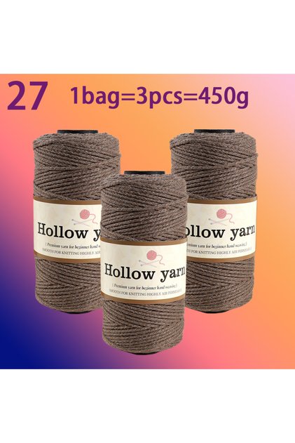 27 3-Pack of Solid Color Hollow Cotton Yarn, 150g Per Roll, Total 450g, Multiple Colors Available, C