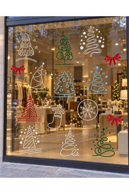 Linear Pine Tree and Ribbon Patterned Christmas Glass Sticker Set 20×35 cm