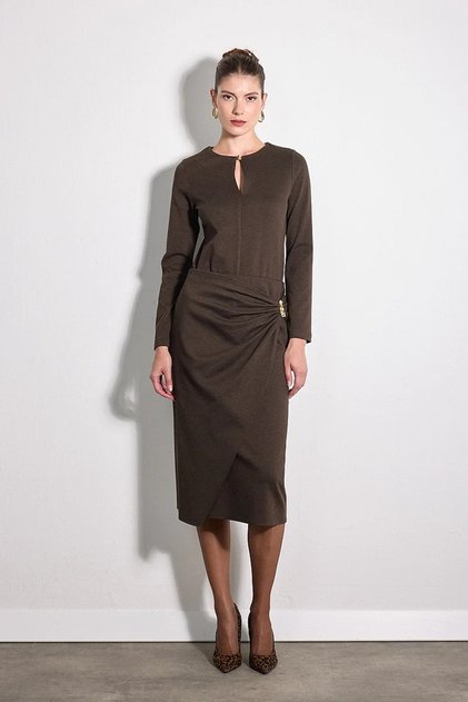 Accessory Detailed Wrap Cut Knitted Midi Skirt - Brown