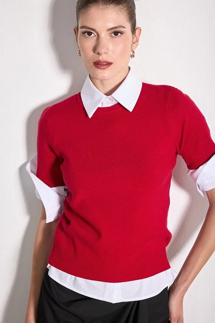 Short Sleeve Knitwear Blouse - Red