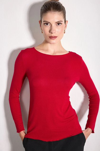 Boat Neck Modal Knitted Blouse - Red