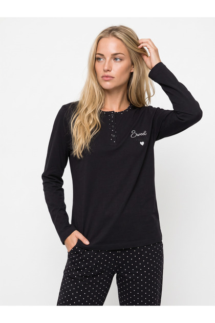 Women's Long-Sleeved Pajama Set with Polka Dot Pattern, Black