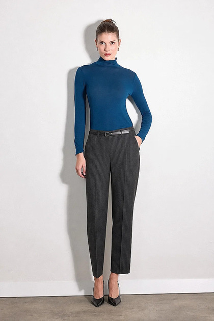 Striped Carrot Cut Belted Trousers - Anthracite