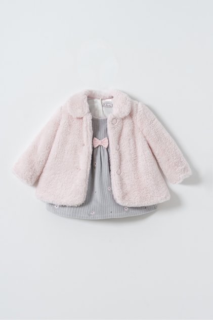 Girl's Gray Velvet Dress with Pink Plush Jacket, 2-Piece Set.