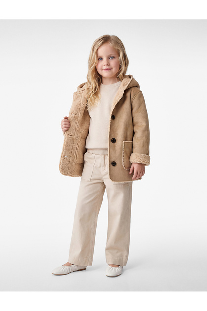 Plush-Lined, Button-Down, Long-Sleeved, Hooded Faux Suede Coat with Pockets.