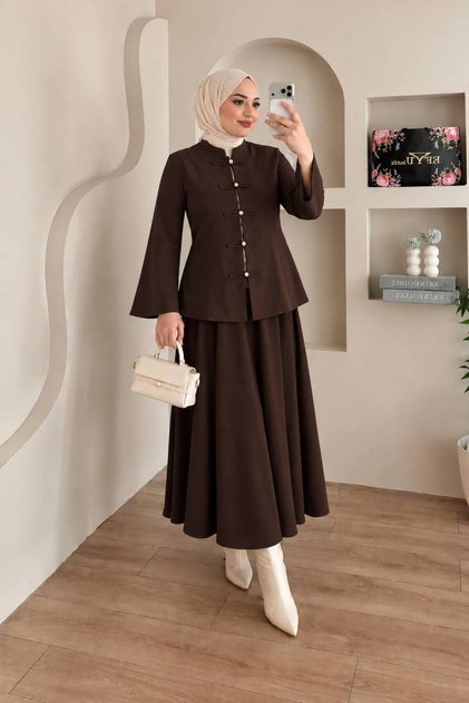 Women's Puff Scuba Stand Collar Buttoned Flared Skirt Two-Piece Set Modest Skirt and Jacket Set