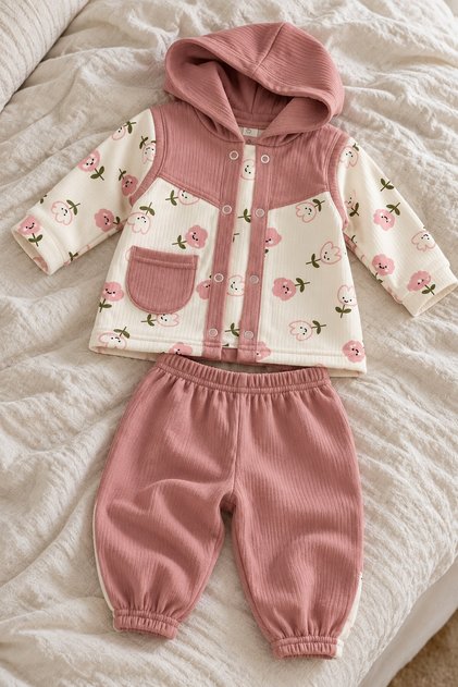 Baby Girl Floral Patterned Hooded Long Sleeve Vest 3-Piece Set