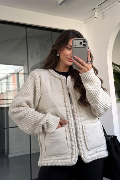 Women's Tricot Detailed Quilted Jacket Beige