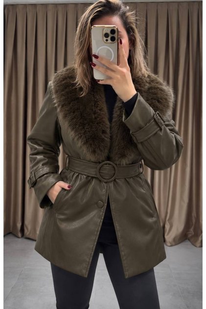 Women's Fur Collar Belted Leather Jacket with Inner Lining