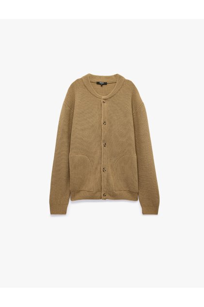 Men Khaki Textured Crew Neck Long Sleeves Cardigan