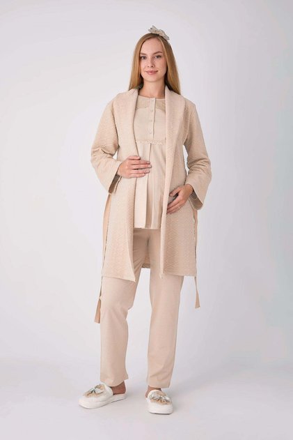 Maternity Pajama Set, 3-Piece Set, Lace Robe, Buttoned Nursing Robe, Jacquard Fabric.