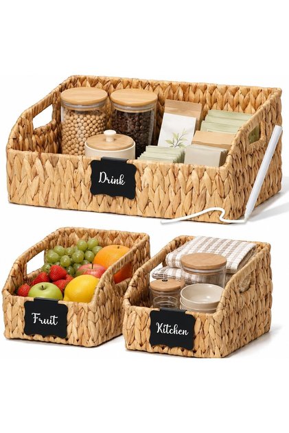 Wicker Storage Basket for Shelves, 3 Pack Pantry Baskets and Organisers with Chalkboard Labels & Marker, Handwoven Water Hyacinth Open Storage Bins for Kitchen Cabinet, Bathroom, Laundry