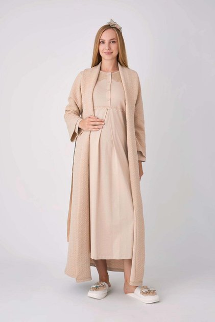 Maternity Lohosa Nightgown and Robe Set, 2-Piece, Lace Robe with Buttons, Nursing Robe, Jacquard.
