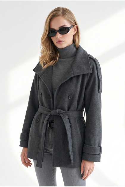 Women's Smoked Grey Stand Collar Lined Cashmere Coat with Shoulder Pads and Belt Kbn-19000026