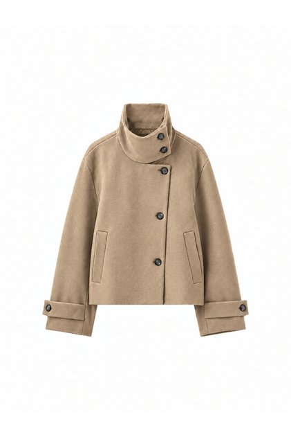 Women's Stand Collar Short Cashmere Coat with Buttoned Pocket Detail Winter Coat Jacket
