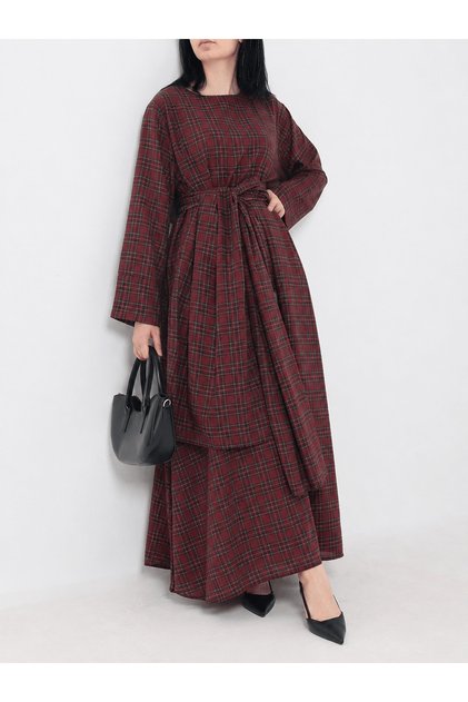 Plaid Pattern Belted Dress - 61510 - Burgundy
