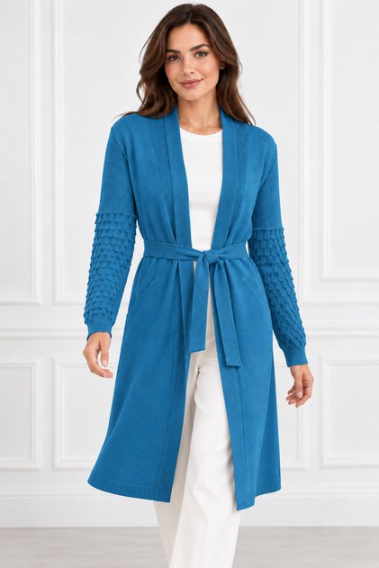 Women's Belted Long Sleeve Double Pocket Embossed Knit Pattern Stylish Casual Indigo Knitwear Long Cardigan