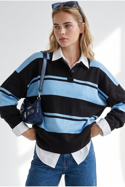 Women's Blue Coffee Polo Neck Oversized Knit Sweater Kzk-19001200