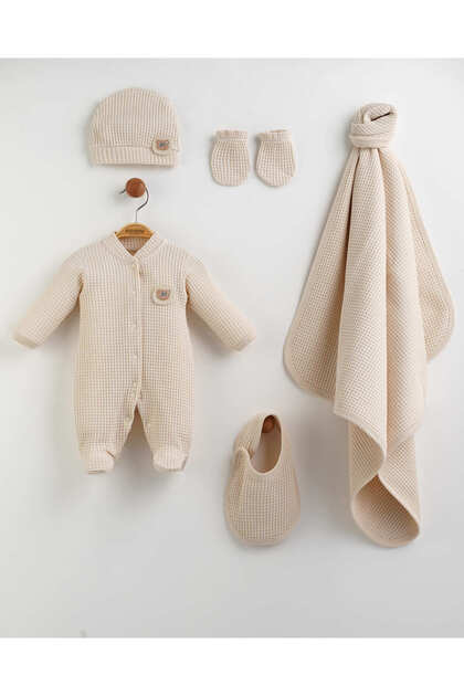 Teddy Waffle 5-Piece Hospital Discharge Set, 100% Cotton, for Newborn Baby Boys.