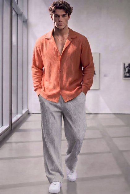 Men's Crinkled Fabric Shirt and Crinkled Pants Set