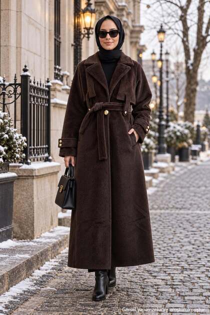 Brown Belted Angora Modest Coat HM2974