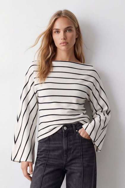Women's Ecru Boat Neck Blouse with Draped Waist and Stripes Alc-X15991