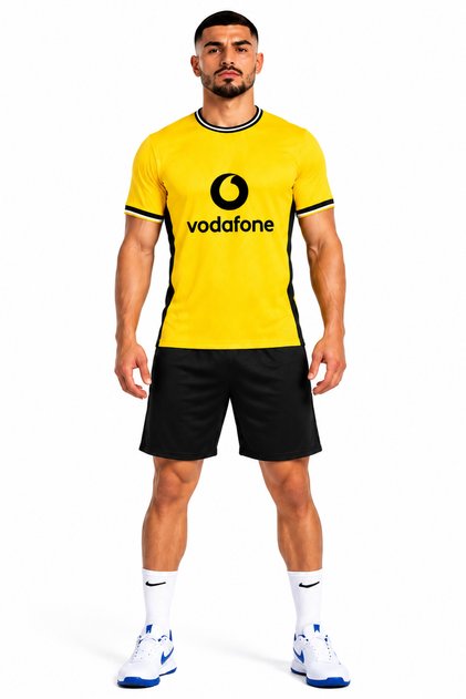 Men's Yellow and Black Football Jersey and Shorts Set, Short Sleeve Soccer Shirt with Vodafone Print, 2-Piece Sports Training Outfit
