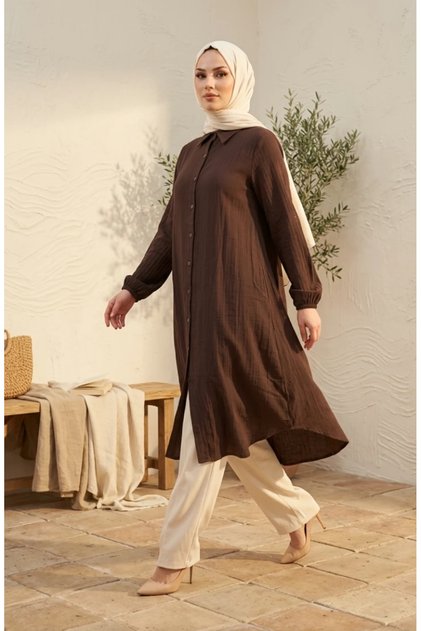 Button-Down Muslin Shirt Long Tunic 0362-11 Light Brown