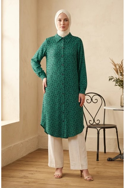 Long, Button-Down Floral Print Tunic 0356-08, Emerald Green.